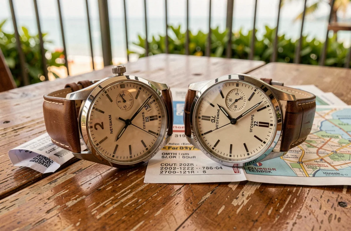 Deux montres analogiques réglées sur des fuseaux horaires différents posées sur une table de café à Miami, décalage horaire entre Miami et l'Europe