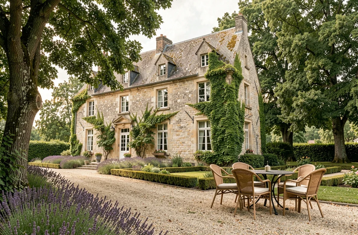 Le Domaine de Perches, manoir en pierre entouré d'un jardin soigné avec terrasse et allée de lavande en Occitanie