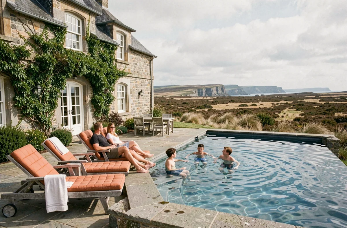 Domaine de Keravel sur la presqu'île de Crozon avec piscine à débordement face aux landes bretonnes