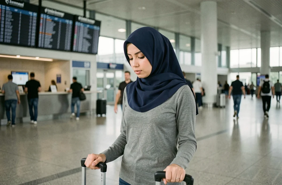 Femme musulmane récitant la douaa du voyage à l'entrée d'un terminal d'aéroport avec ses bagages