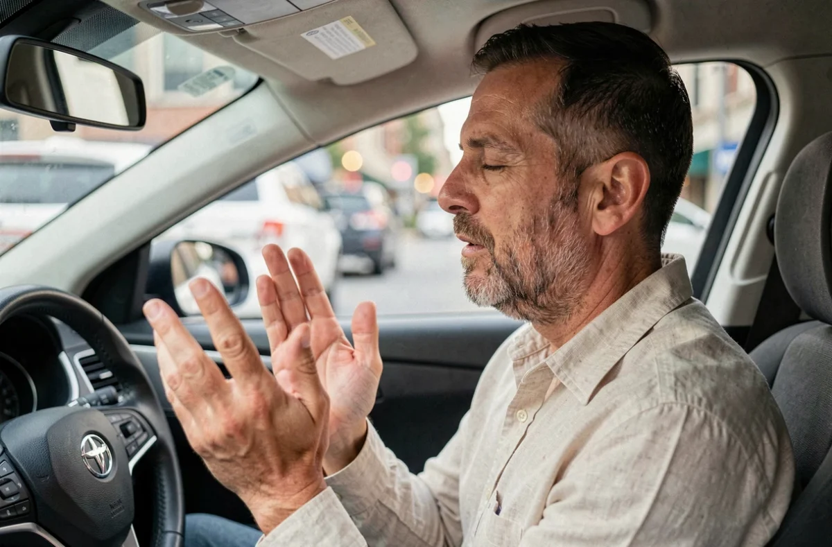 Homme faisant la douaa avant de partir en voyage, assis dans une voiture les mains levées en supplication