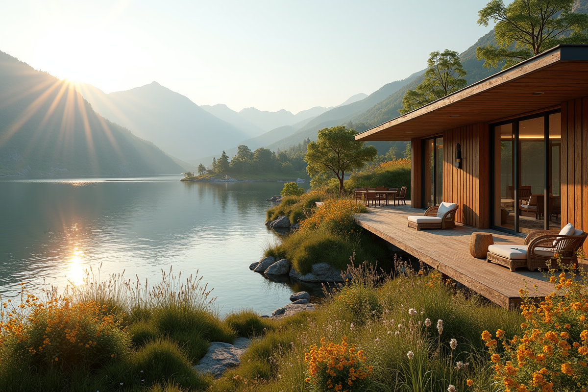Ecolodge durable sur un lac avec vue sur les montagnes et fleurs sauvages