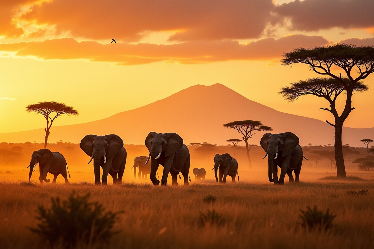 Groupe d'éléphants traversant la savane au coucher du soleil