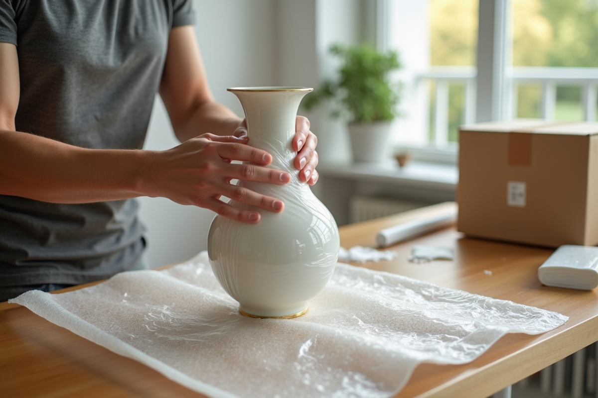 Personne emballant une porcelaine fragile avec du papier bulle