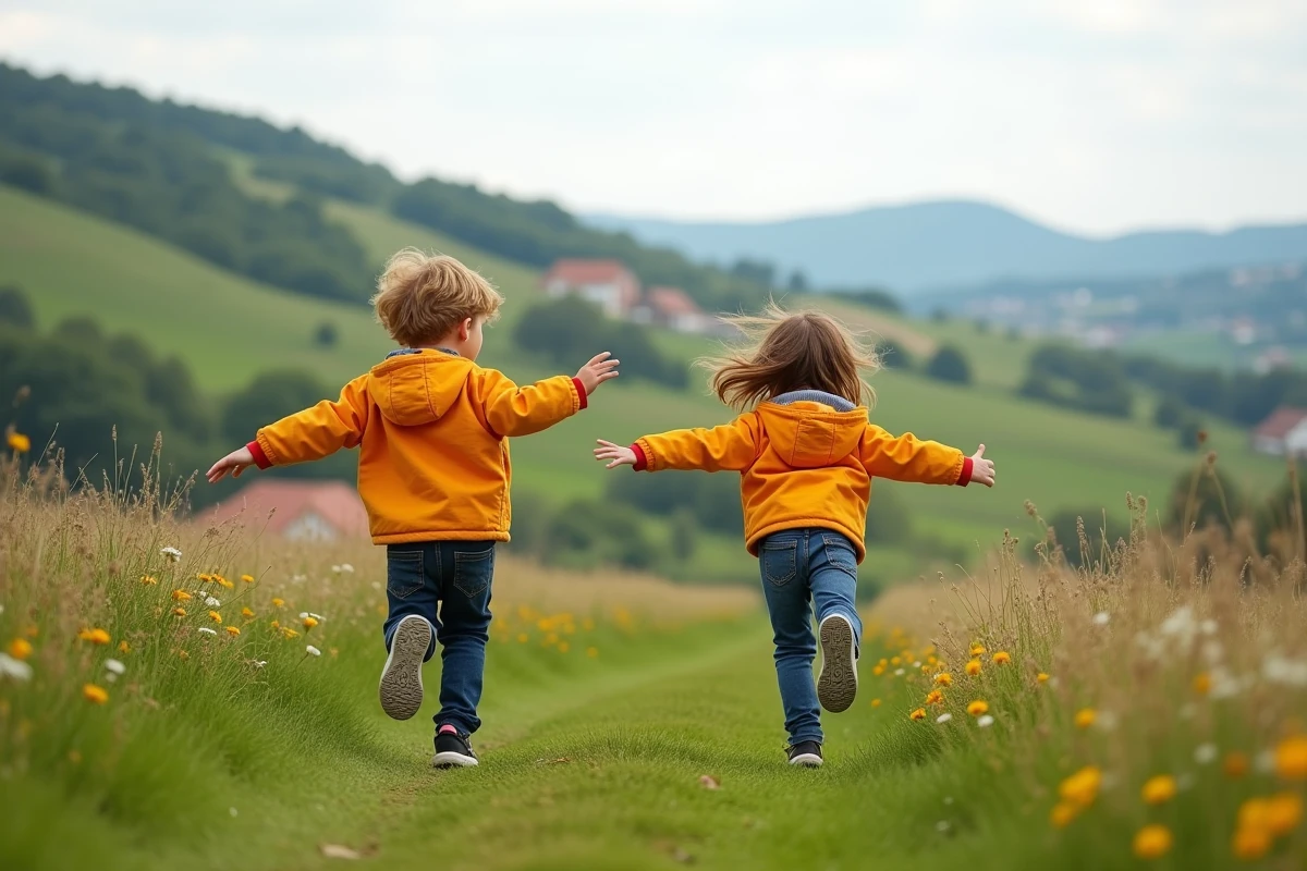 Enfants jouant dans la prairie près d