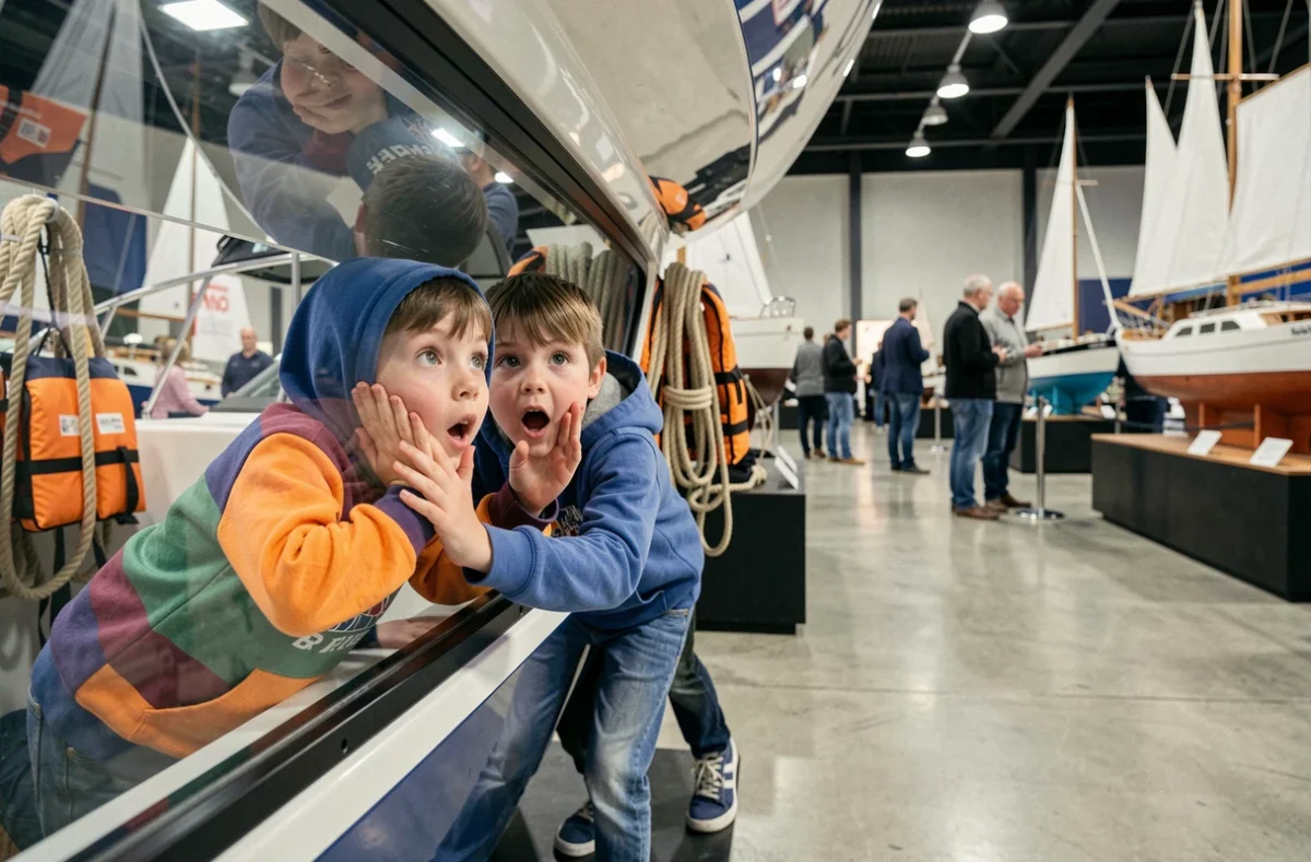 Deux enfants émerveillés découvrant un bateau exposé au Salon du nautisme de Paris, mains posées sur la coque transparente