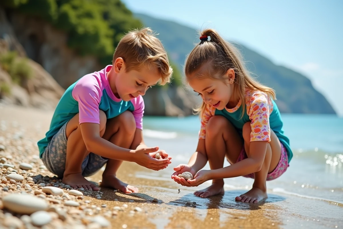 Enfants explorant les galets et coquillages au bord de l'eau sur la plage de Rayol Canadel