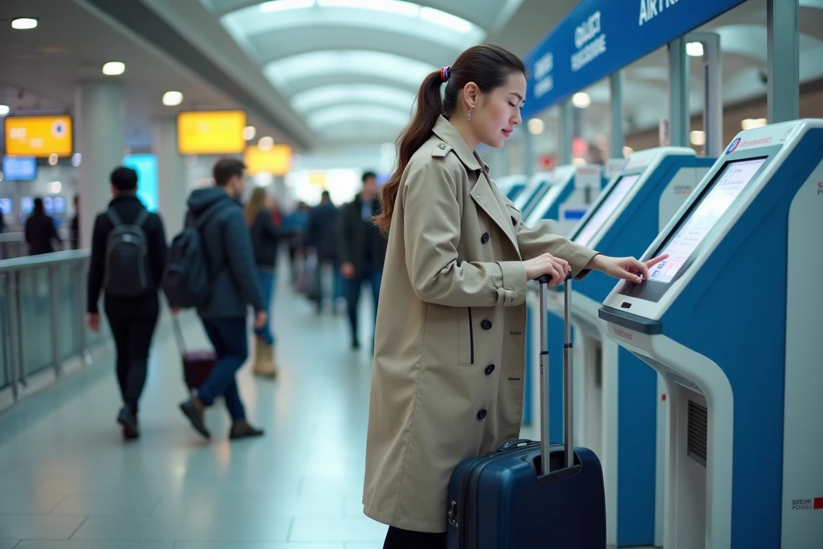 Femme enregistrant ses bagages à une borne libre-service Air France dans un terminal d'aéroport international