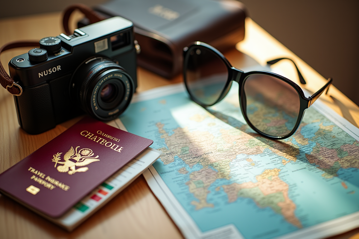 Accessoires de voyage sur une table en bois avec carte et appareil photo