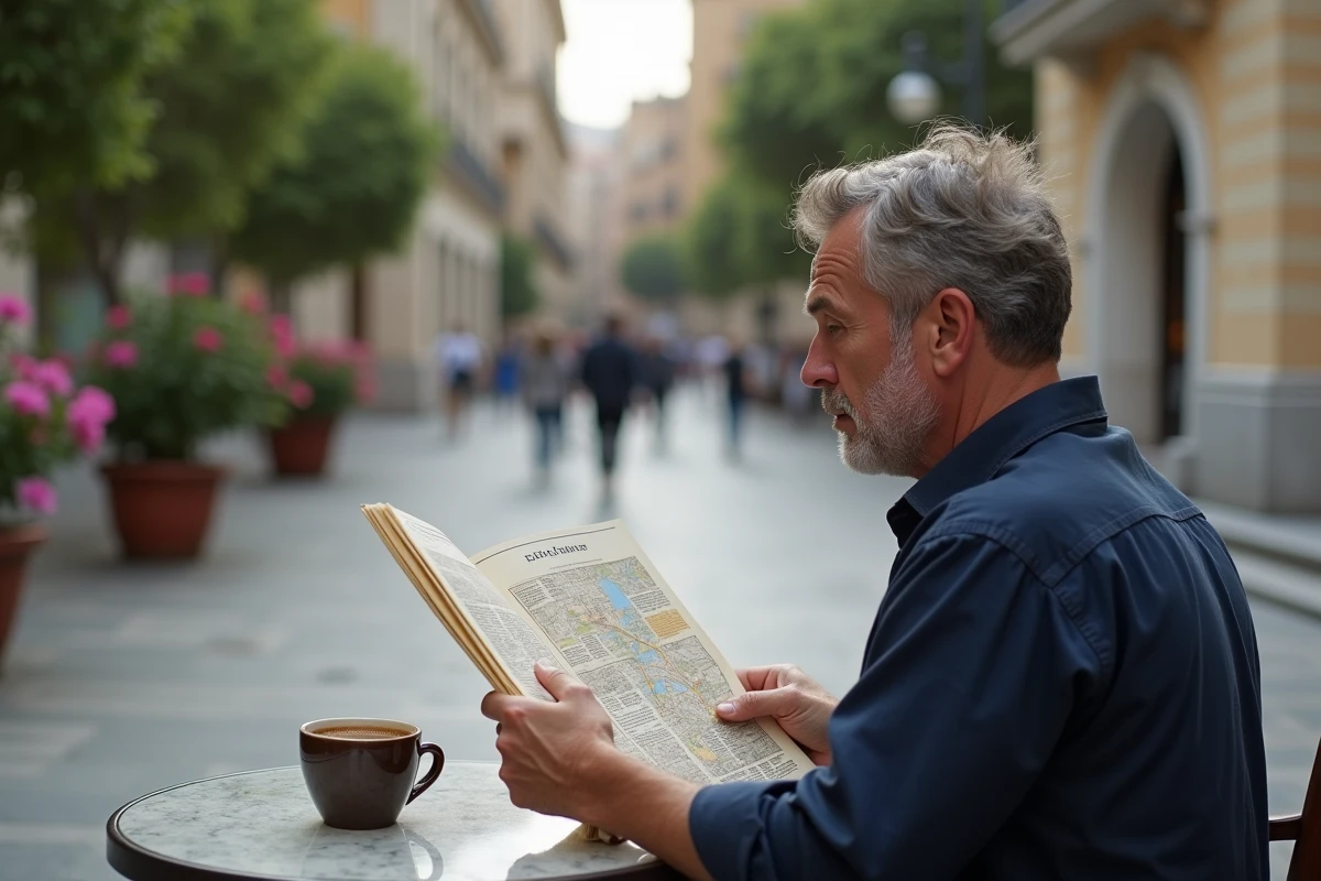 Un expatrié consultant un guide de conversation grec dans un café en plein air à Athènes, symbole de l'adaptation à la vie grecque sans maîtriser la langue