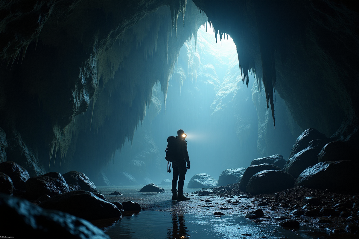 Explorateur dans une grande grotte de calcaire humide