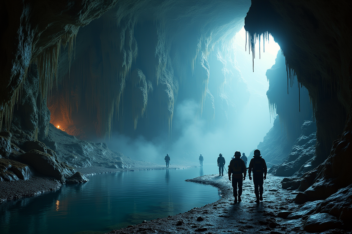 Équipe de scientifiques explorant une grotte profonde illuminée