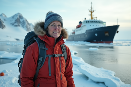 Femme en expédition antarctique sur la glace avec navire en arrière-plan