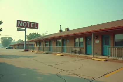 Vue extérieure d'un motel américain typique avec parking et portes numérotées le long d'une route nationale