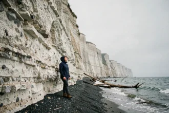 Femme au pied des falaises d'Ault contemplant les parois de craie blanche sur la plage de galets en Normandie