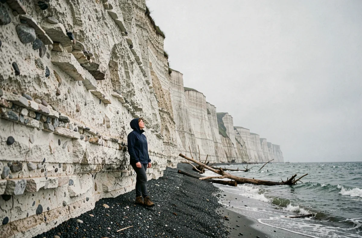 Femme au pied des falaises d'Ault contemplant les parois de craie blanche sur la plage de galets en Normandie