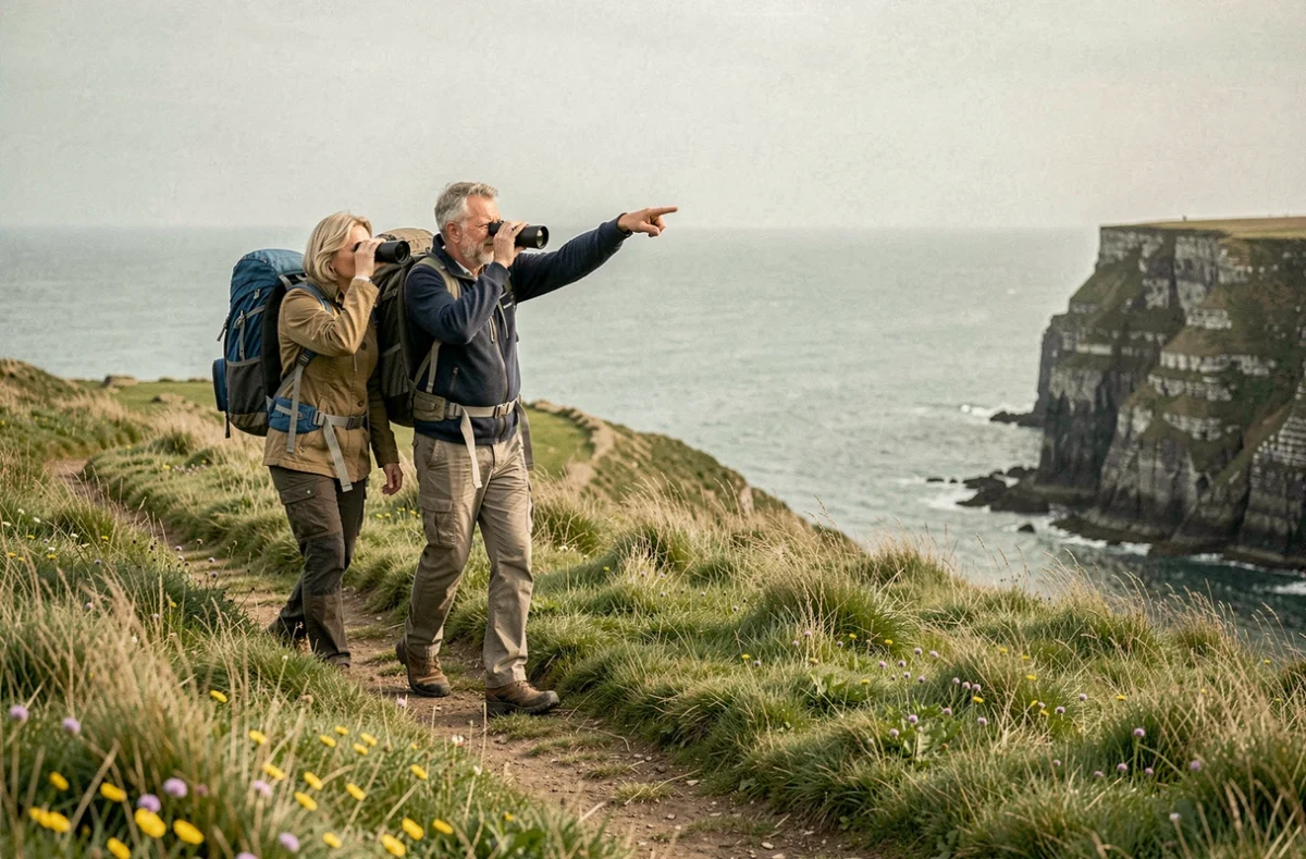 Couple de randonneurs sur le sentier du littoral au sommet des falaises d'Ault avec vue panoramique sur la Manche