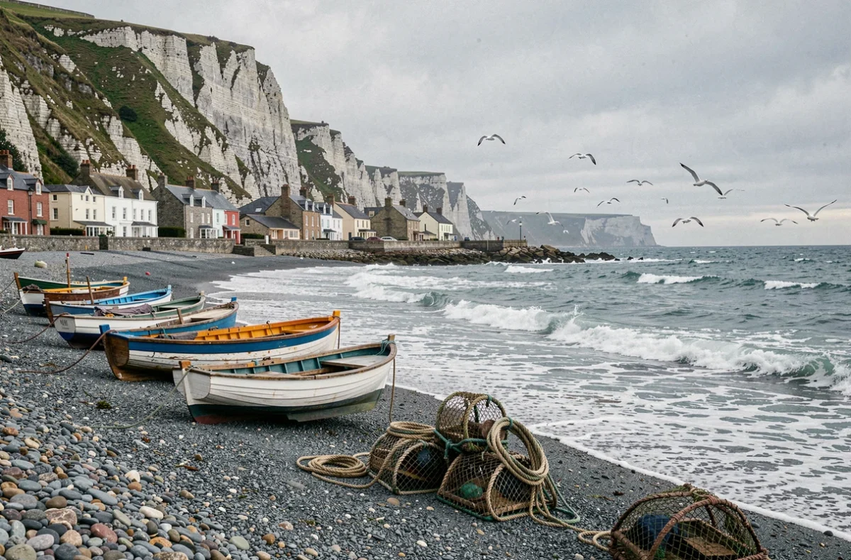 Village d'Ault vu depuis la plage de galets avec les falaises de craie et bateaux de pêche en premier plan