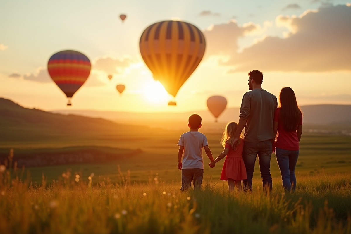 Famille heureuse regardant un ballon au lever du soleil