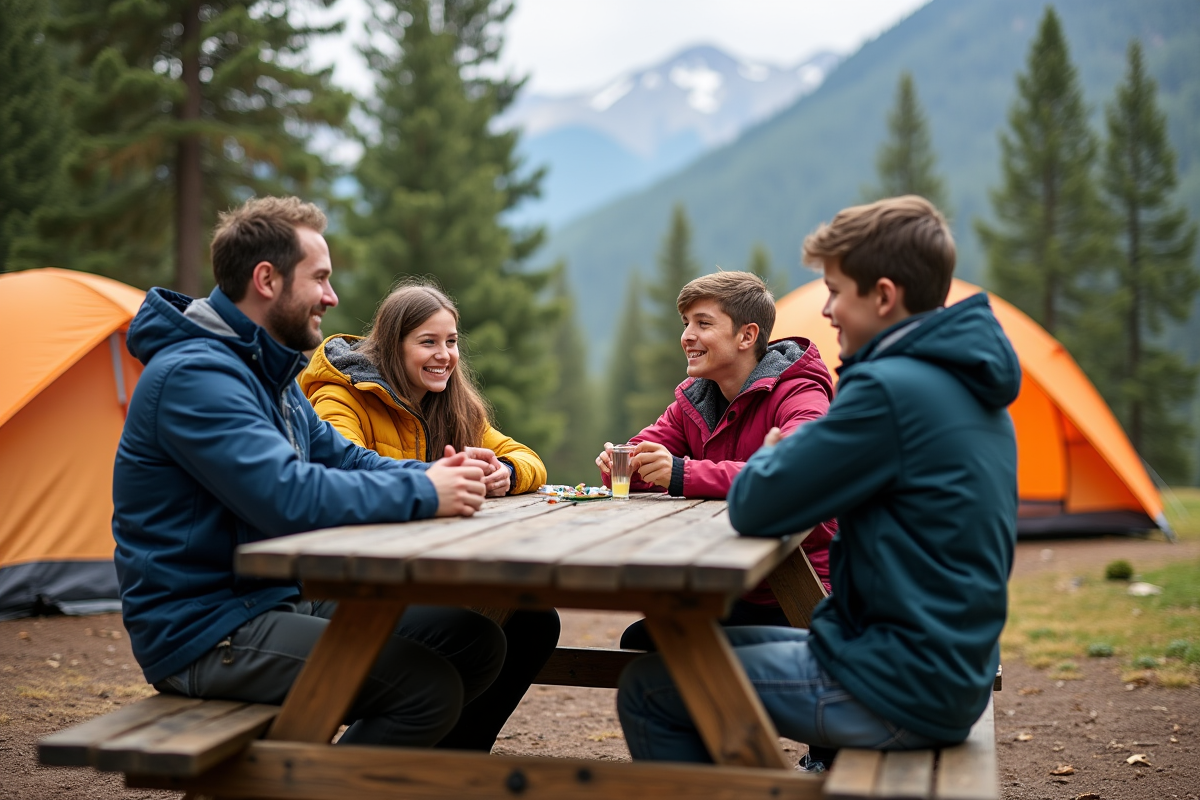 Famille souriante autour d'une table de pique-nique en camping