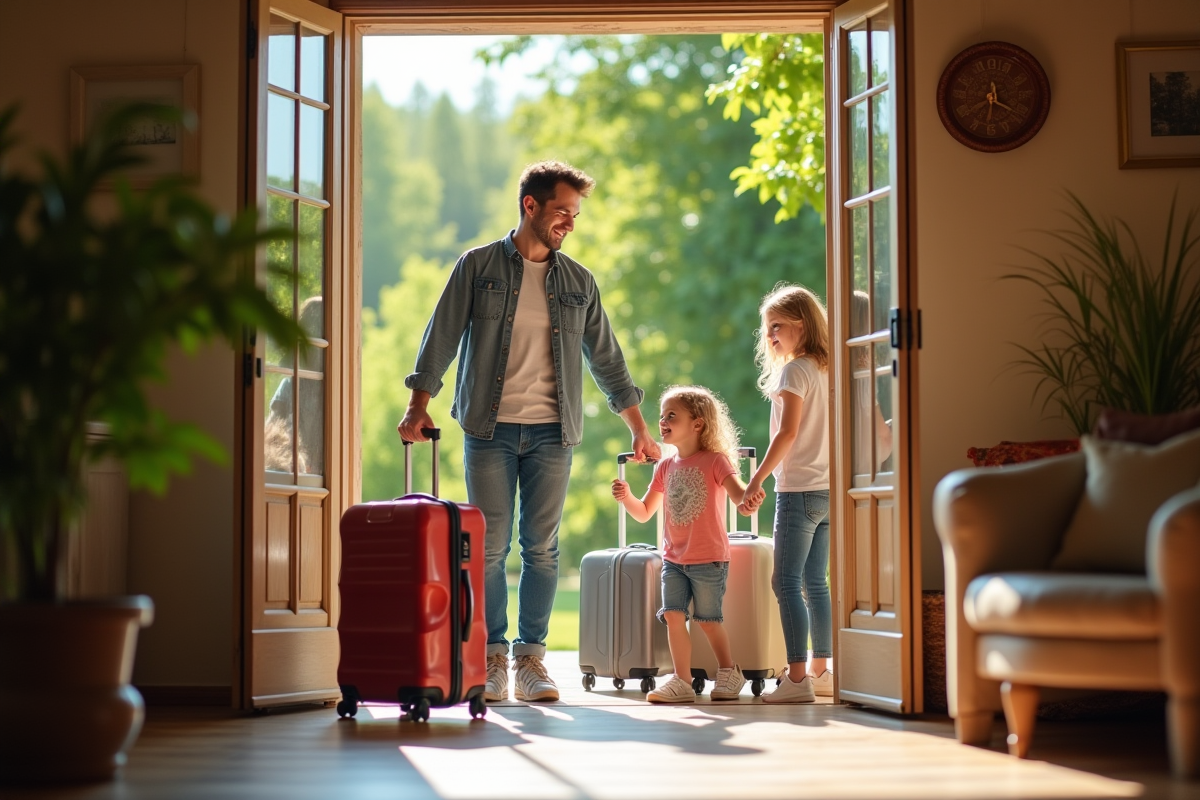 Famille heureuse déballant valises dans une maison de campagne
