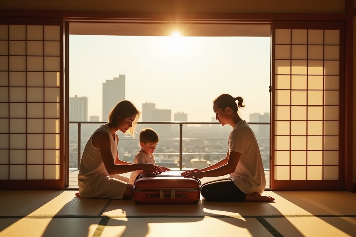 Famille française déballant valises dans un appartement japonais