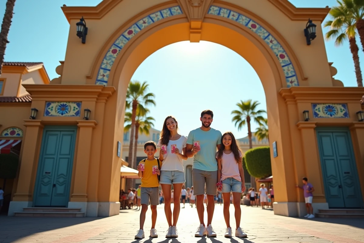 Famille souriante à l'entrée d'un parc d'attractions en Espagne tenant leurs billets