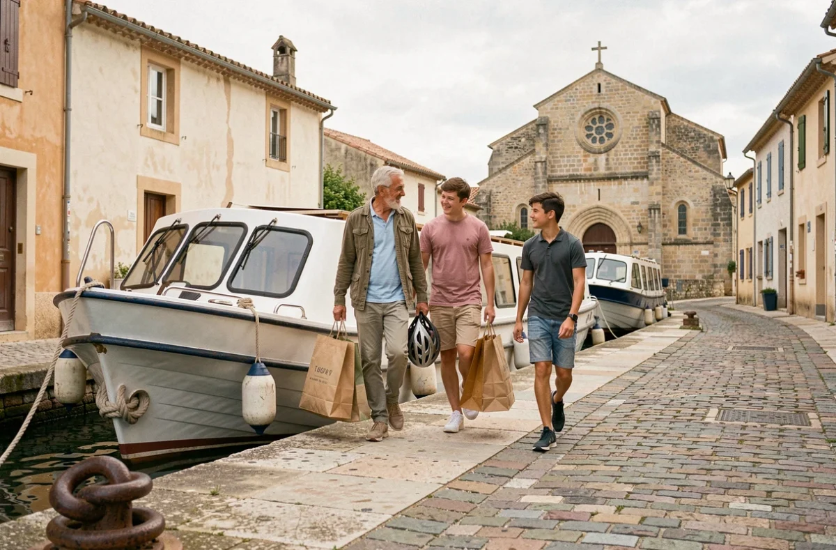 Famille amarrant sa pénichette dans un village du Canal du Midi pour une escale touristique