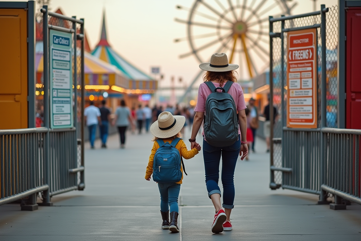 Famille lisant les consignes de sécurité à la porte de la foire