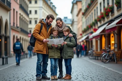 Famille souriante devant b&acirc;timents munichois