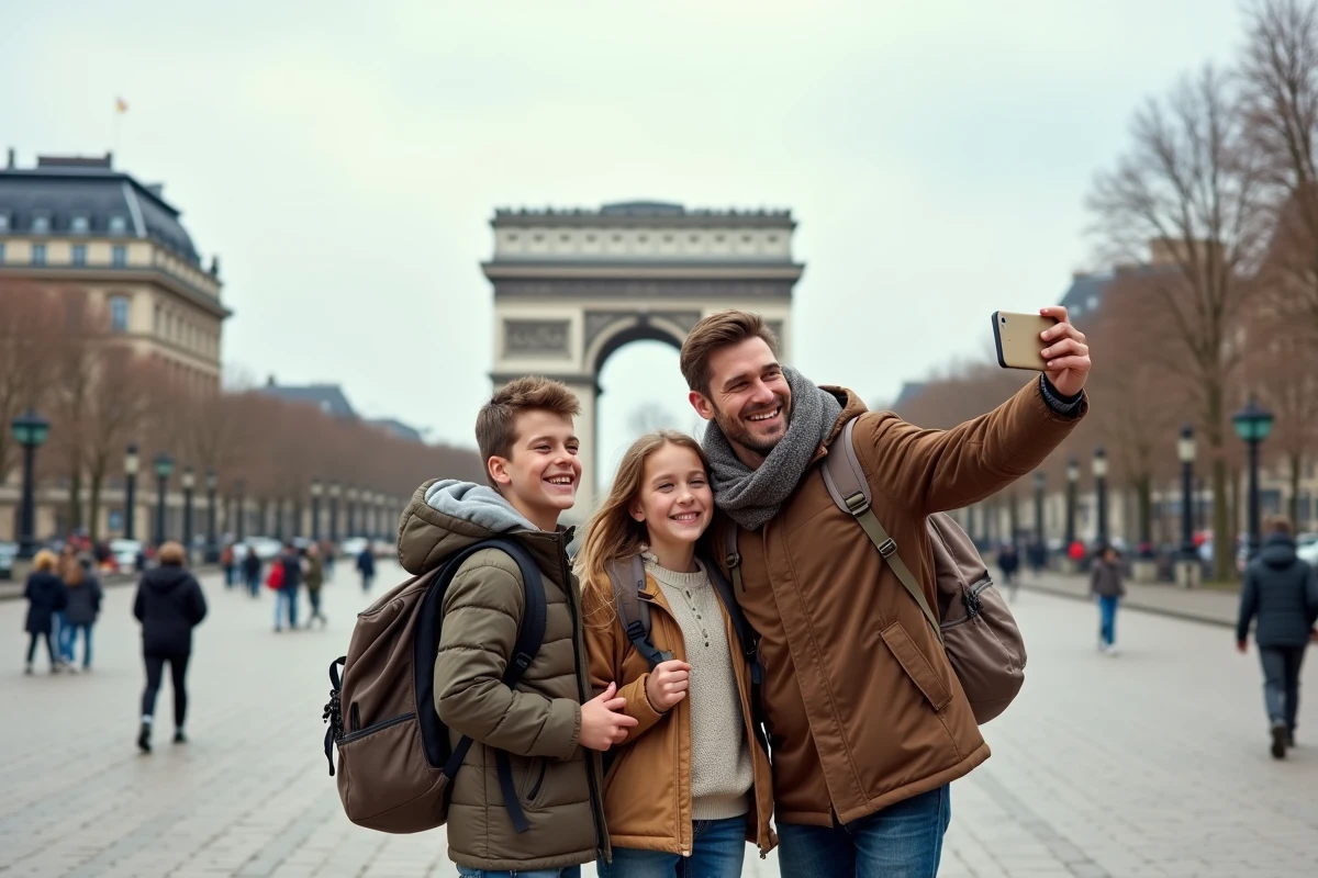 Famille posant devant un monument parisien