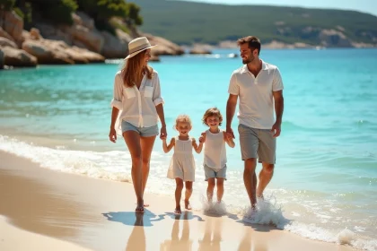 Famille se promenant pieds nus sur la plage de Rayol Canadel avec ses enfants le long du rivage turquoise