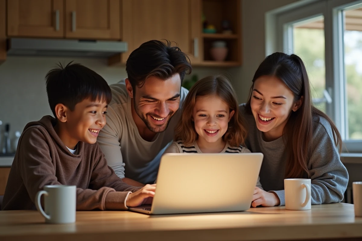 Famille planifiant un voyage sur le site Aguila Voyage depuis leur cuisine