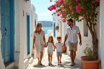 Famille en vacances découvrant une ruelle pittoresque de l'île de Chalki en Grèce avec bougainvillées et maisons blanchies à la chaux