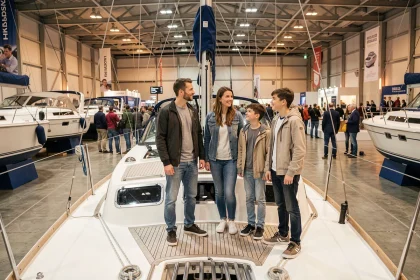 Famille explorant un voilier exposé au Salon du nautisme de Paris, parents et adolescents à bord d'un bateau blanc dans un hall d'exposition animé