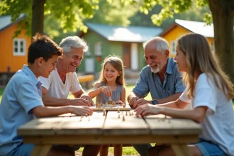 Famille multigenerations jouant à un jeu en extérieur