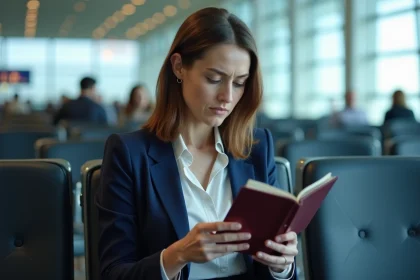 Femme à l'aéroport vérifiant la date d'expiration de son passeport avant l'embarquement