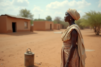 Femme africaine debout dans la sécheresse avec un bidon d'eau
