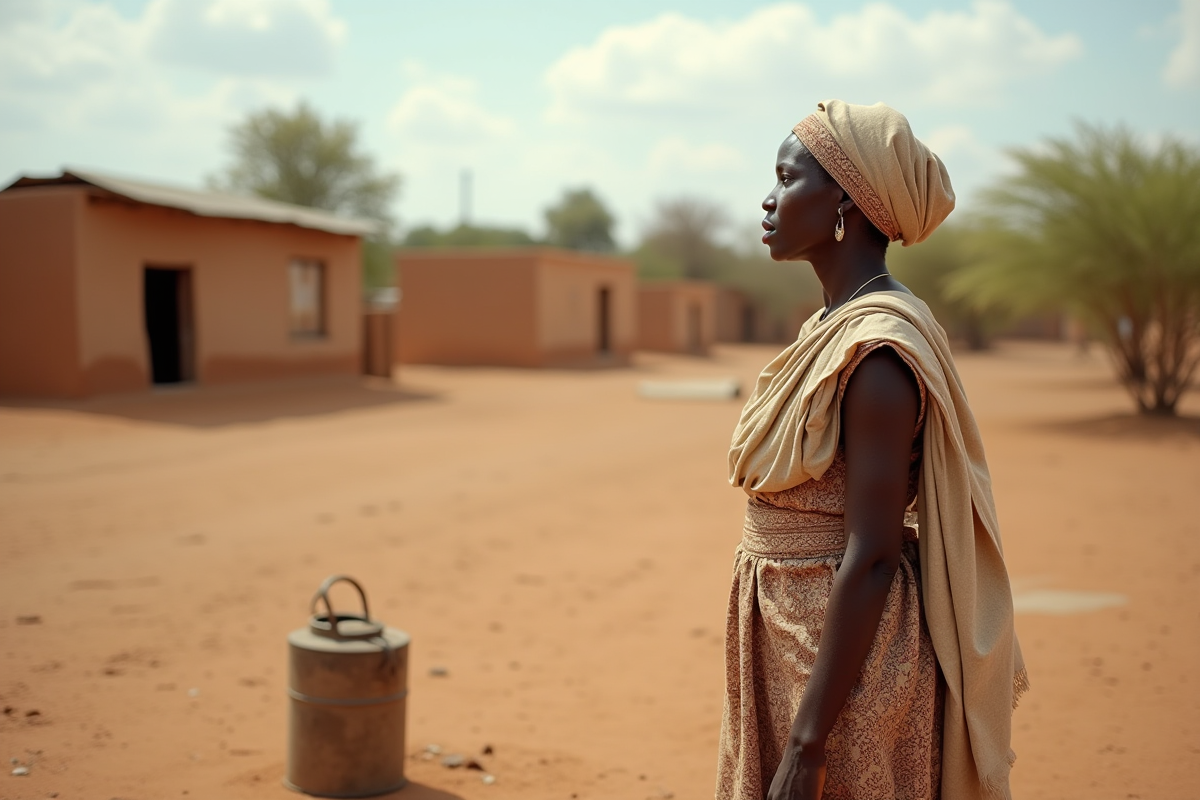 Femme africaine debout dans la sécheresse avec un bidon d'eau