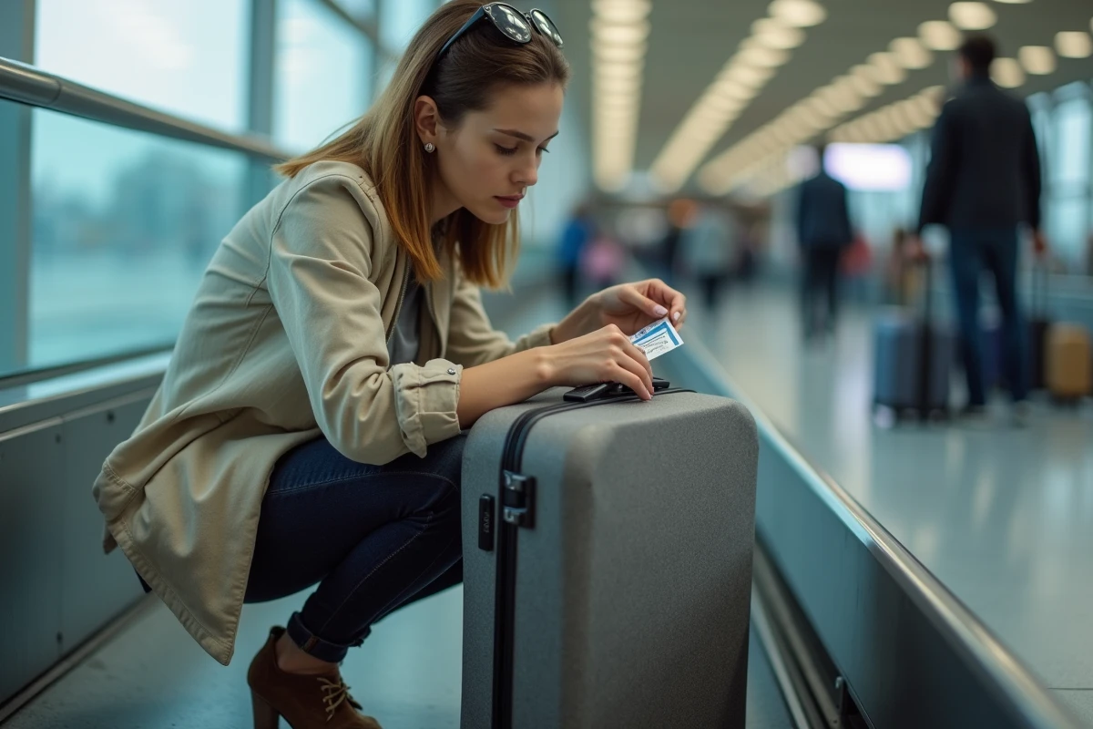 Femme inspectant un autocollant vinyl décollant sur une valise souple au carrousel à bagages d'un aéroport