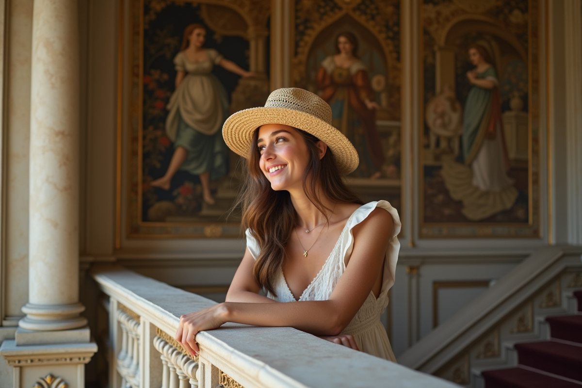 Jeune femme au balcon dans un château de la Loire