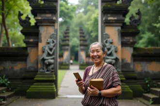 Femme balinaise souriante devant la porte de la foret aux singes