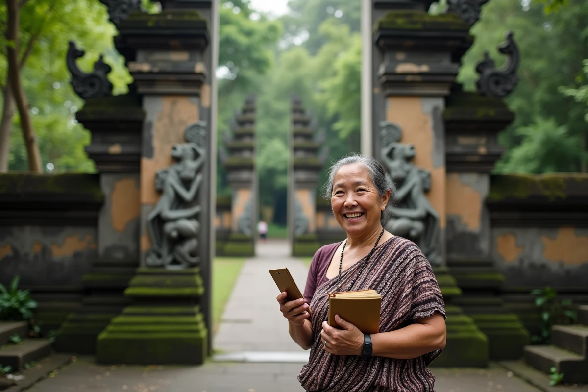 Femme balinaise souriante devant la porte de la foret aux singes