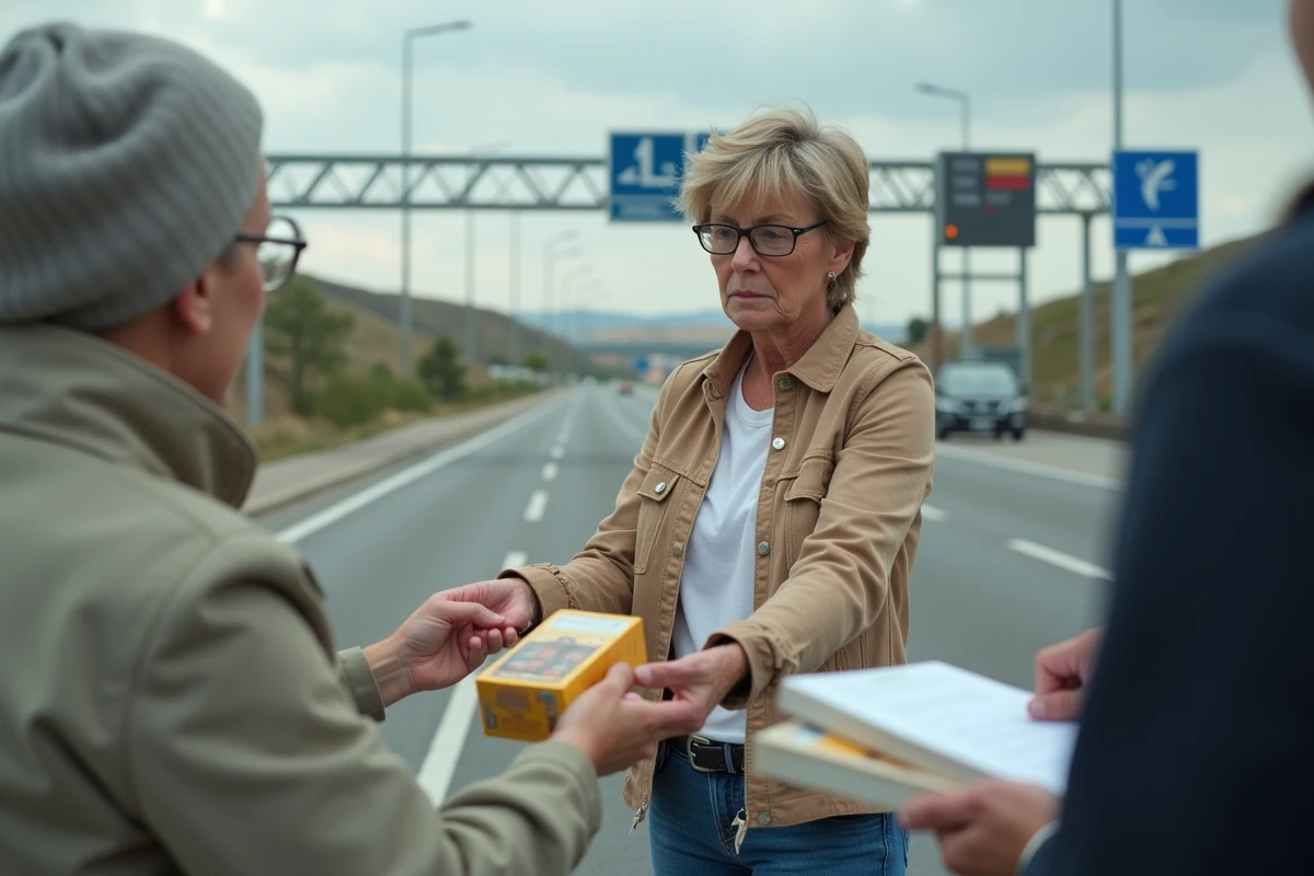 Femme présentant ses cigarettes à un douanier à la frontière