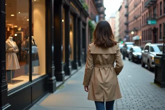 Femme dans le quartier de Soho regardant les vitrines