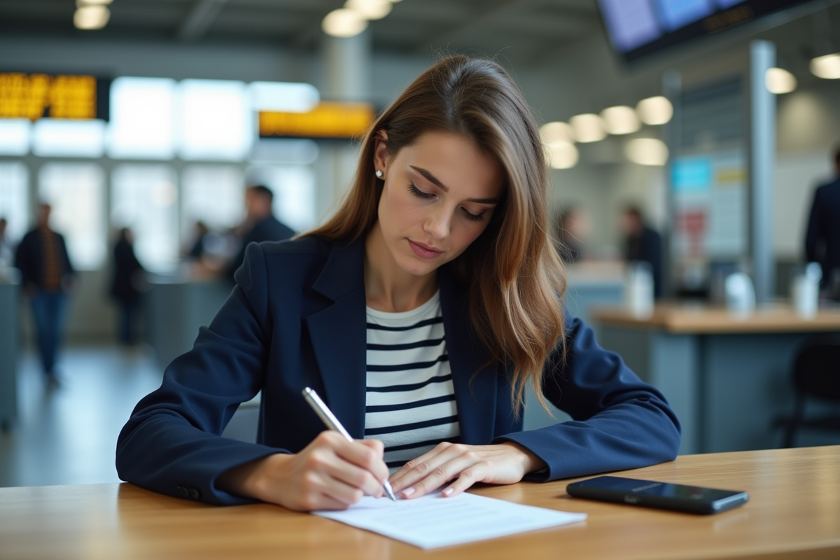 Femme en bureau de train remplissant un formulaire de billet