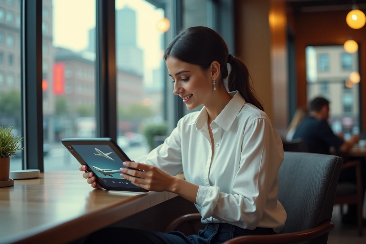 Jeune femme lisant des photos de Concorde dans un caf&eacute;