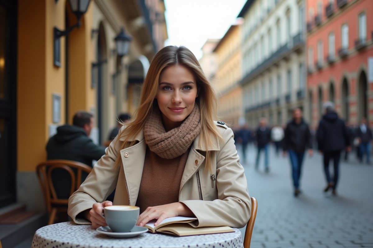 Femme lisant un guide dans un café milanais en extérieur