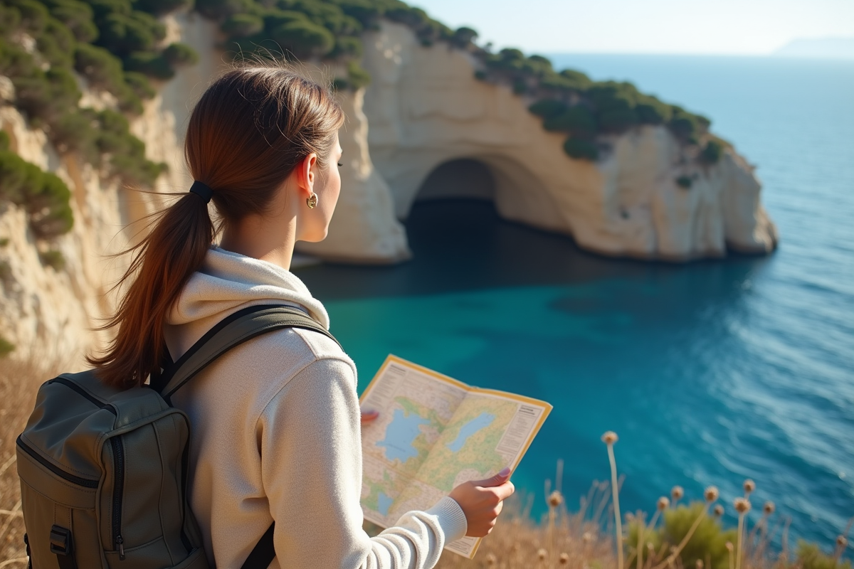 Jeune femme regardant la mer près de la grotte Cosquer avec une carte