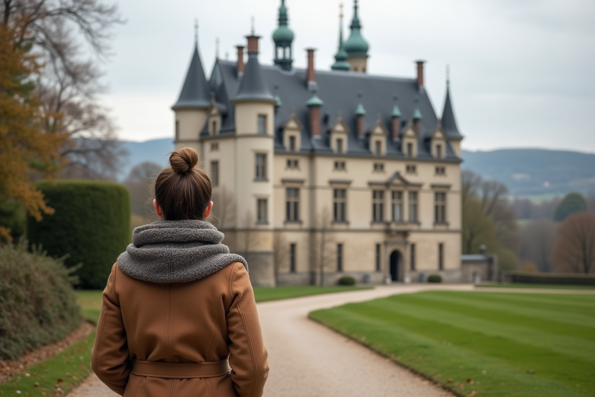 Femme admirant un château français Renaissance